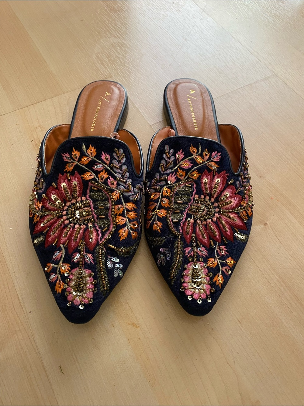 Anthropologie Navy Embroidered Floral Pointed Toe Mules 40